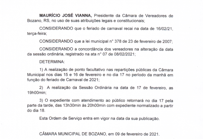 Publicada ordem de serviço sobre o expediente no carnaval